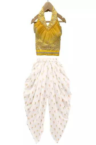 woven sleeveless all over embroidered top with printed dhoti-yellow & white