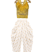 woven sleeveless all over embroidered top with printed dhoti-yellow & white