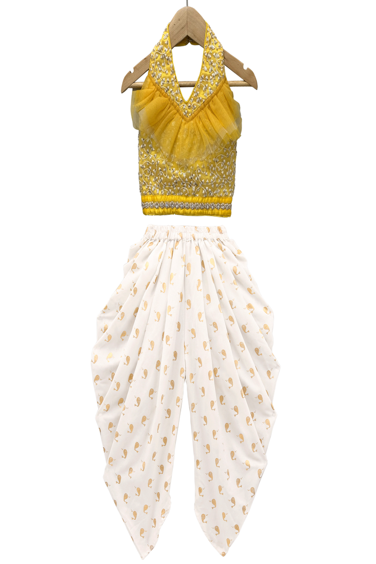 woven sleeveless all over embroidered top with printed dhoti-yellow & white