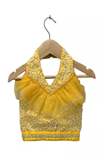woven sleeveless all over embroidered top with printed dhoti-yellow & white