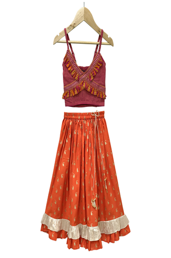 woven cotton sleeveless striped top with printed lehenga-maroon & orange