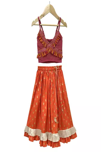 woven cotton sleeveless striped top with printed lehenga-maroon & orange
