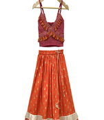 woven cotton sleeveless striped top with printed lehenga-maroon & orange
