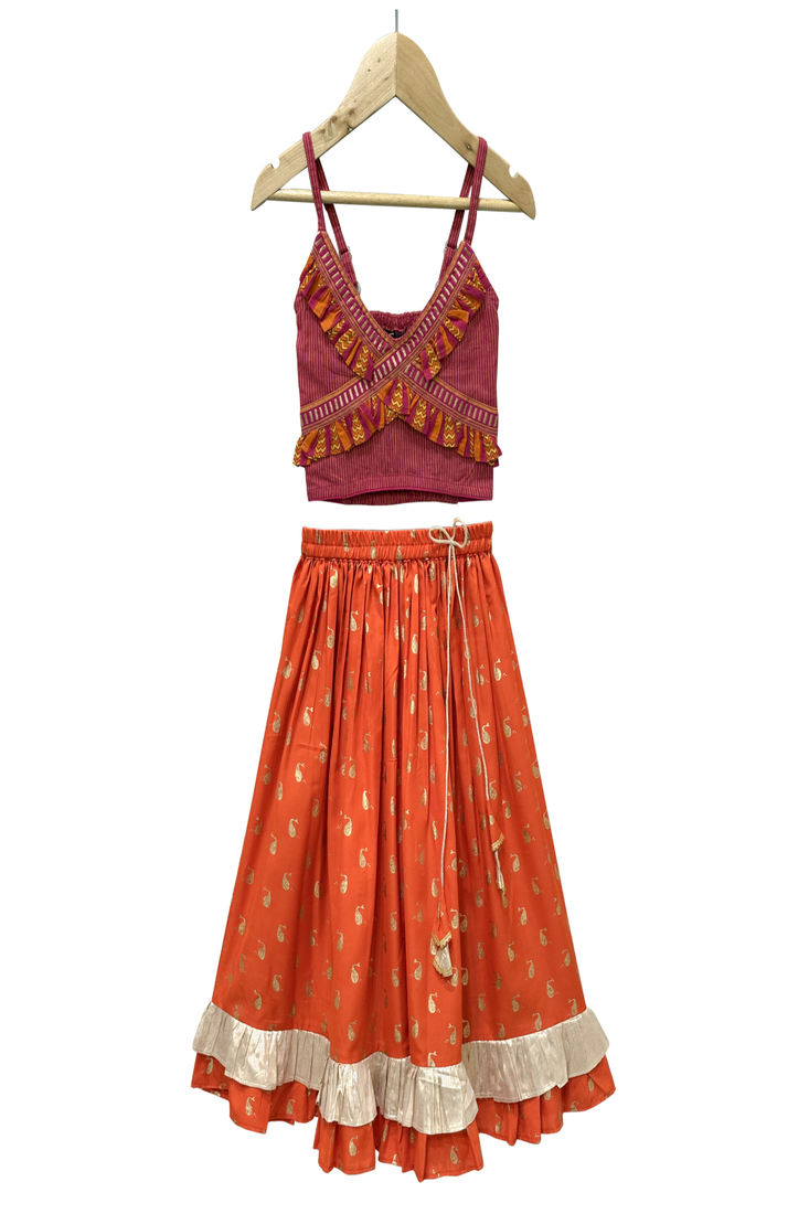 woven cotton sleeveless striped top with printed lehenga-maroon & orange
