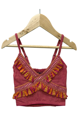 woven cotton sleeveless striped top with printed lehenga-maroon & orange 2
