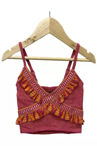 woven cotton sleeveless striped top with printed lehenga-maroon & orange