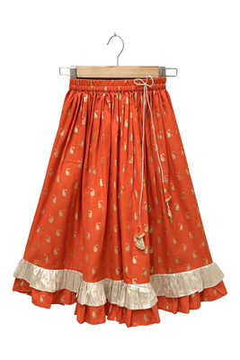 woven cotton sleeveless striped top with printed lehenga-maroon & orange 3
