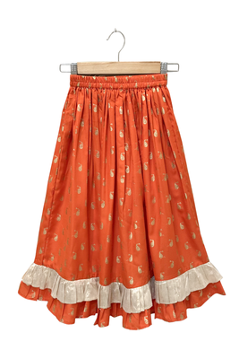 woven cotton sleeveless striped top with printed lehenga-maroon & orange 4