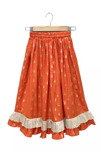woven cotton sleeveless striped top with printed lehenga-maroon & orange