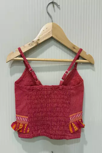 woven cotton sleeveless striped top with printed lehenga-maroon & orange