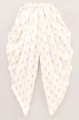 woven sleeveless all over embroidered top with printed dhoti-yellow & white