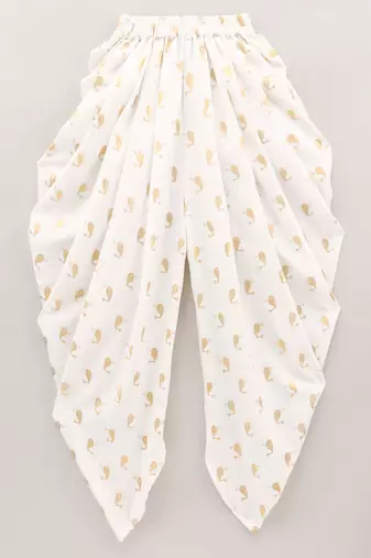woven sleeveless all over embroidered top with printed dhoti-yellow & white