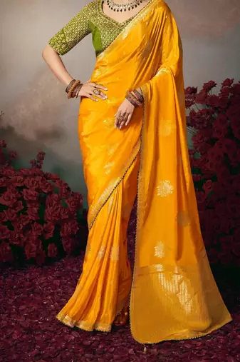 yellow wonderful chiniya silk blend saree catalog with embroidered blouse