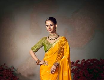 yellow wonderful chiniya silk blend saree catalog with embroidered blouse 3