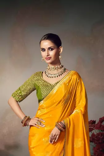 yellow wonderful chiniya silk blend saree catalog with embroidered blouse