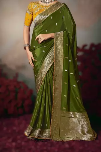 mehendi wonderful chiniya silk blend saree catalog with embroidered blouse