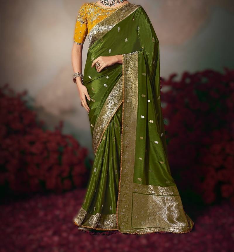 mehendi wonderful designer chiniya silk blend saree catalog with heavy embroidered blouse