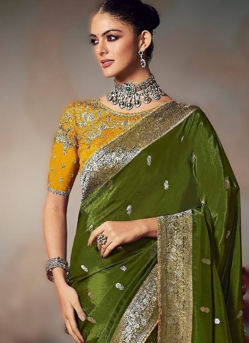 mehendi wonderful designer chiniya silk blend saree catalog with heavy embroidered blouse