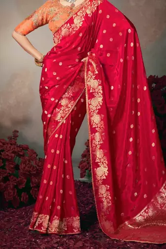 red wonderful chiniya silk blend saree catalog with embroidered blouse