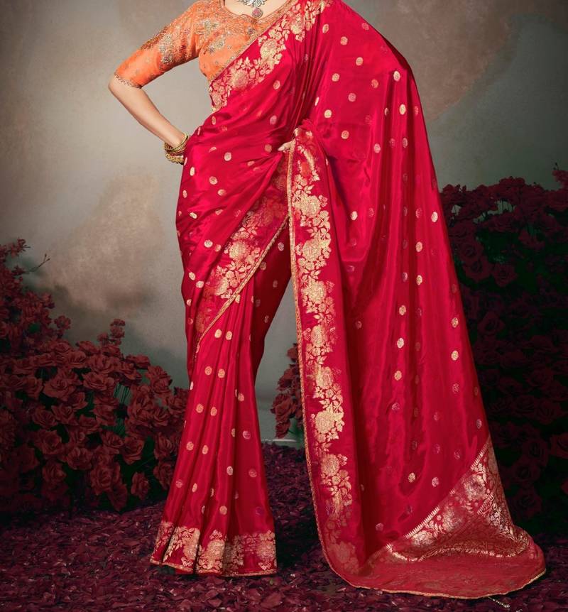 red wonderful designer chiniya silk blend saree catalog with heavy embroidered blouse
