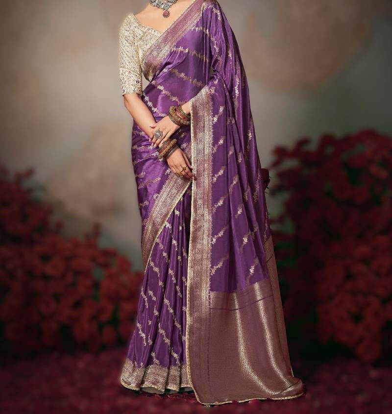 violet wonderful designer chiniya silk blend saree catalog with heavy embroidered blouse