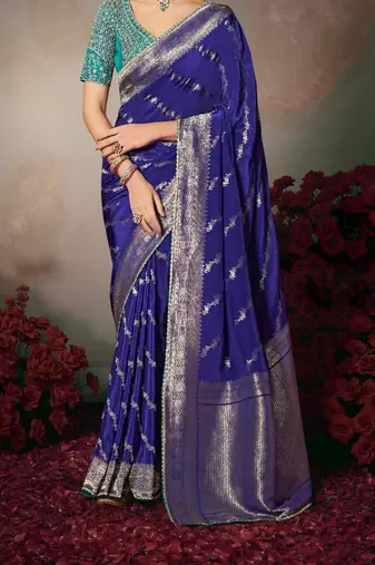 navy blue wonderful chiniya silk blend saree catalog with embroidered blouse