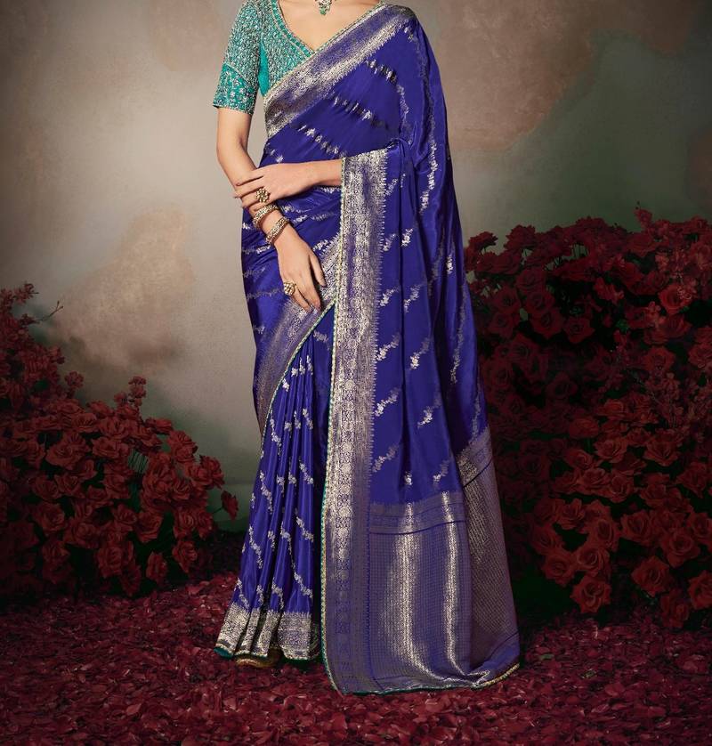 navy blue wonderful designer chiniya silk blend saree catalog with heavy embroidered blouse