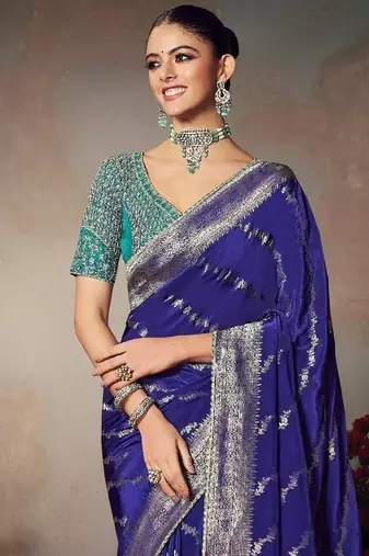 navy blue wonderful chiniya silk blend saree catalog with embroidered blouse
