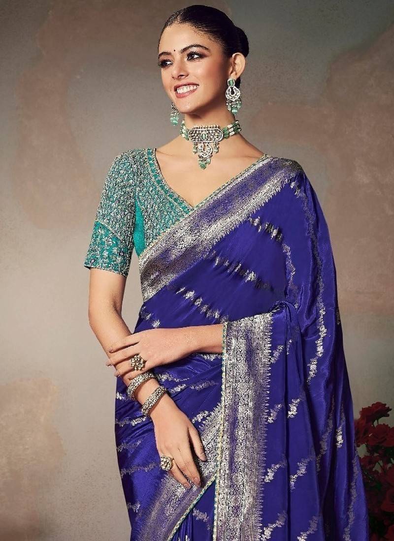 navy blue wonderful designer chiniya silk blend saree catalog with heavy embroidered blouse