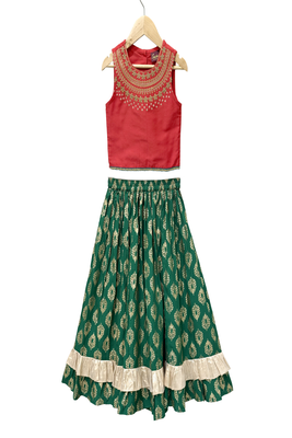 woven sleeveless placement embroidered top with printed lehenga-red & green 1