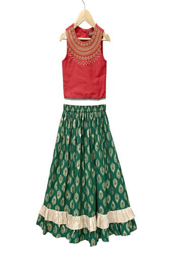 woven sleeveless placement embroidered top with printed lehenga-red & green