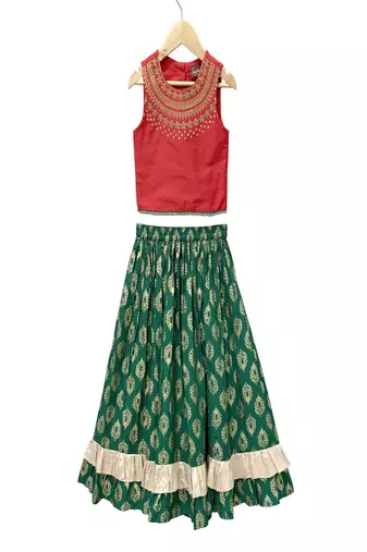 woven sleeveless placement embroidered top with printed lehenga-red & green