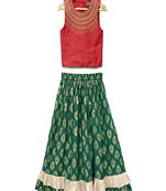 woven sleeveless placement embroidered top with printed lehenga-red & green