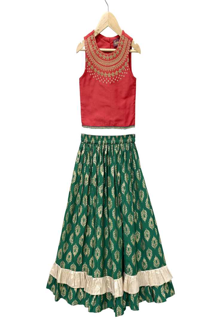 woven sleeveless placement embroidered top with printed lehenga-red & green