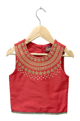 woven sleeveless placement embroidered top with printed lehenga-red & green 3