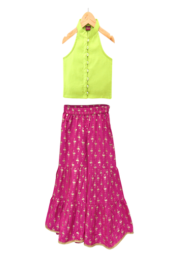 woven chanderi sleeveless solid top with printed sharara-limegreen & pink