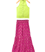 woven chanderi sleeveless solid top with printed sharara-limegreen & pink