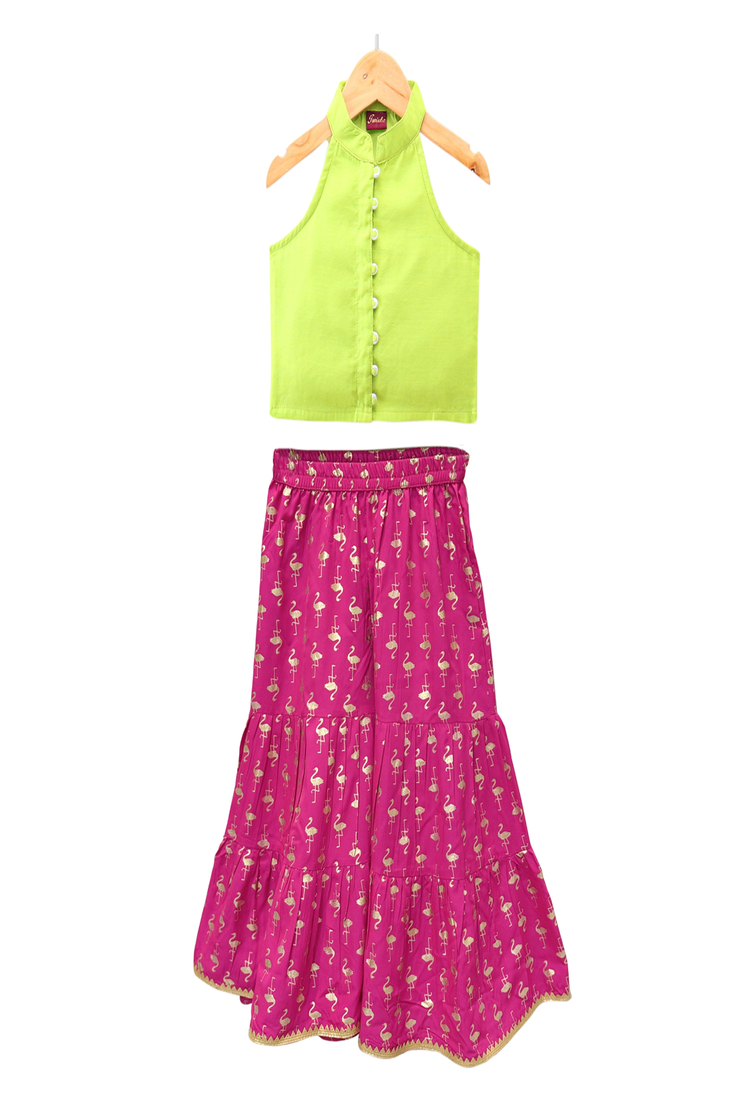 woven chanderi sleeveless solid top with printed sharara-limegreen & pink