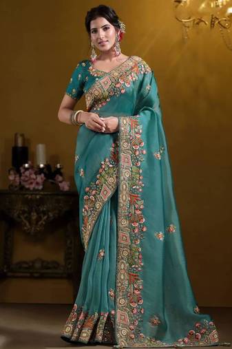 Teal blue rich indian heavy work wedding wear glamorous saree