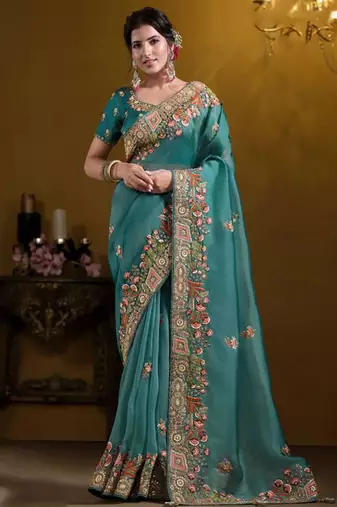 Teal blue rich indian heavy work wedding wear glamorous saree