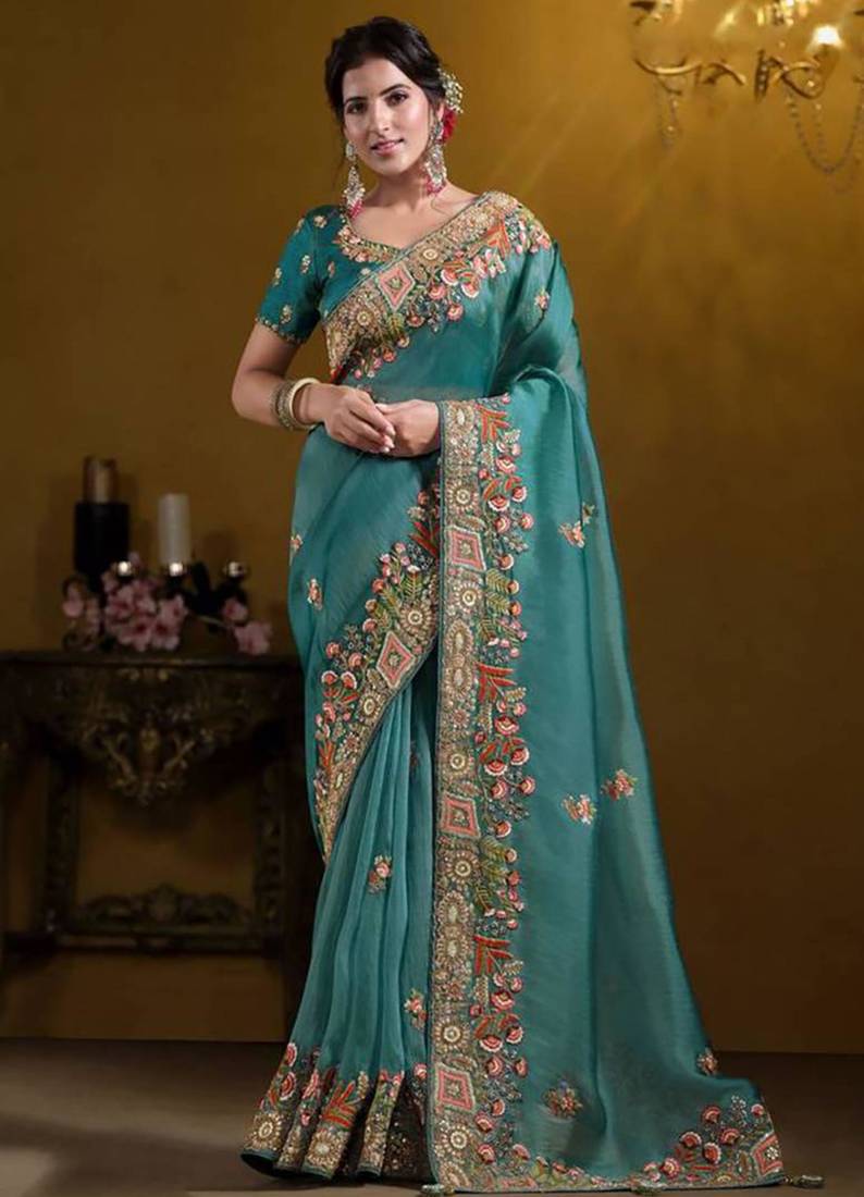 Teal blue rich indian heavy work wedding wear glamorous saree