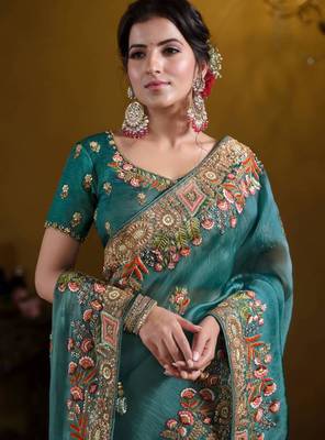 Teal blue rich indian heavy work wedding wear glamorous saree 2