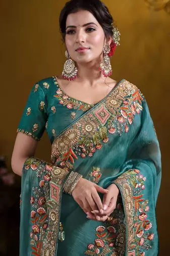 Teal blue rich indian heavy work wedding wear glamorous saree