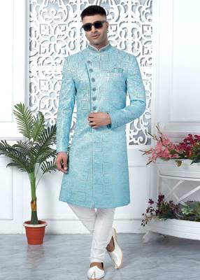 blue computer thread work on art silk sherwani for men  2