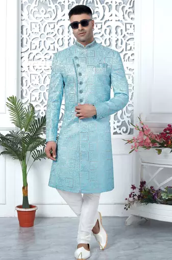 blue computer thread work on art silk sherwani for men 