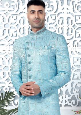blue computer thread work on art silk sherwani for men  3