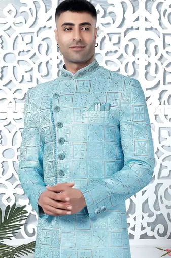 blue computer thread work on art silk sherwani for men 