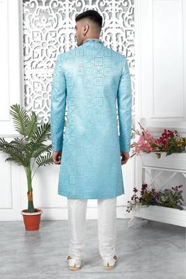blue computer thread work on art silk sherwani for men  4
