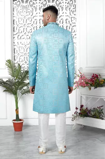 blue computer thread work on art silk sherwani for men 