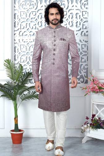 purple computer thread work on art silk sherwani for men 